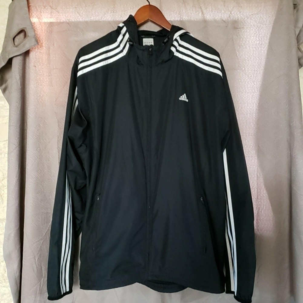Adidas Jacket Mens XL Black Hooded Full Zip Windbreaker Three Stripes Athletic